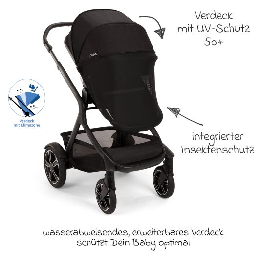 Nuna Buggy & pushchair DEMI next up to 22 kg with magnetic harness fastener, convertible all-weather seat, height-adjustable push bar, integrated privacy screen incl. adapter & rain cover - Caviar