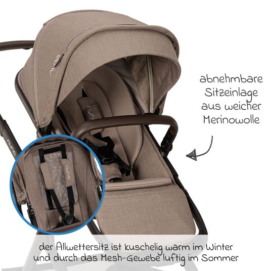 Nuna Buggy & pushchair DEMI next up to 22 kg with magnetic harness fastener, convertible all-weather seat, height-adjustable push bar, integrated privacy screen incl. adapter & rain cover - Cedar