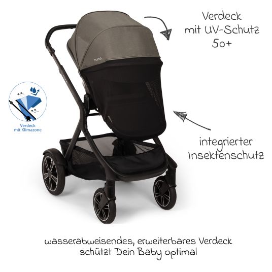 Nuna Buggy & Sportwagen DEMI next bis 22 kg mit magnetischem Gurtverschluss, umsetzbarem Allwettersitz, höhenverstellbarem Schieber, integrierter Sichtschutz inkl. Adapter & Regenschutz - Granite