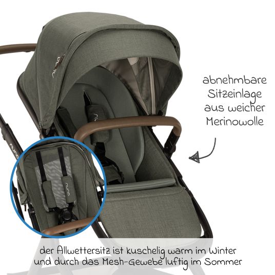 Nuna Buggy & Sportwagen DEMI next bis 22 kg mit magnetischem Gurtverschluss, umsetzbarem Allwettersitz, höhenverstellbarem Schieber, integrierter Sichtschutz inkl. Adapter & Regenschutz - Pine