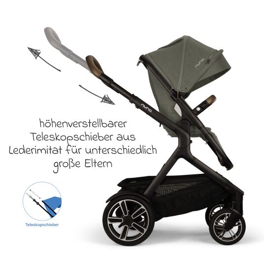 Nuna Buggy & Sportwagen DEMI next bis 22 kg mit magnetischem Gurtverschluss, umsetzbarem Allwettersitz, höhenverstellbarem Schieber, integrierter Sichtschutz inkl. Adapter & Regenschutz - Pine