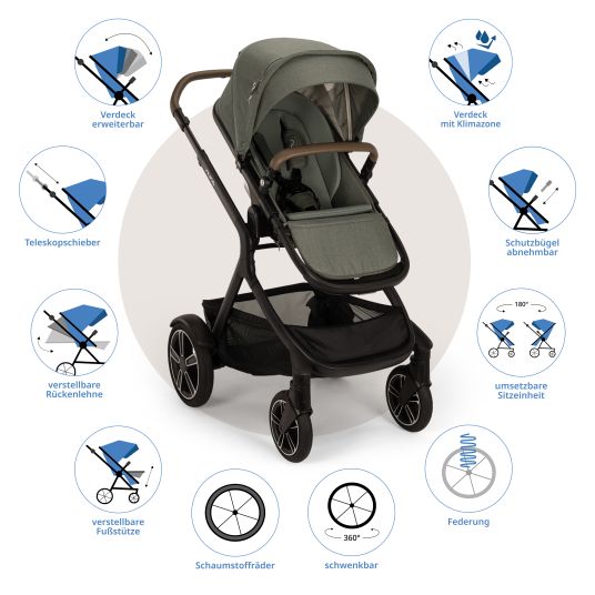 Nuna Buggy & pushchair DEMI next up to 22 kg with magnetic harness fastener, convertible all-weather seat, height-adjustable push bar, integrated privacy screen incl. adapter & rain cover - Pine