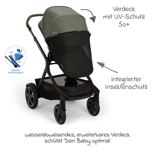 Nuna Buggy & Sportwagen DEMI next bis 22 kg mit magnetischem Gurtverschluss, umsetzbarem Allwettersitz, höhenverstellbarem Schieber, integrierter Sichtschutz inkl. Adapter & Regenschutz - Pine