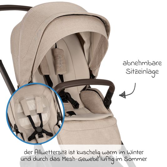 Nuna Buggy & Sportwagen MIXX next bis 22 kg mit magnetischem Gurtverschluss, umsetzbarem Allwettersitz, höhenverstellbarem Schieber, integrierter Sichtschutz inkl. Adapter, Kniedecke & Regenschutz - Biscotti