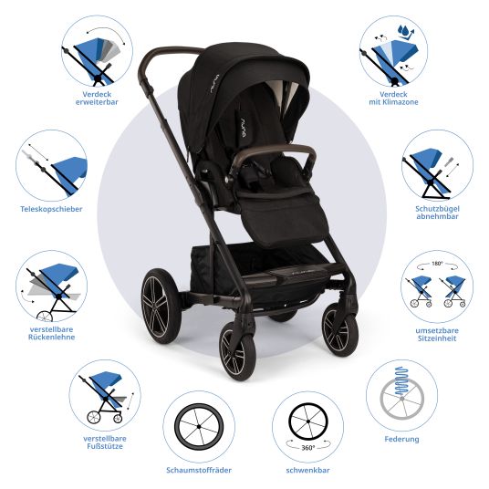 Nuna Passeggino e carrozzina MIXX next fino a 22 kg con cintura magnetica, sedile convertibile per tutte le stagioni, maniglione regolabile in altezza, paravento integrato con adattatore, copertura per le ginocchia e parapioggia - Caviar