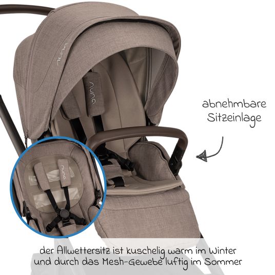 Nuna Passeggino e carrozzina MIXX next fino a 22 kg con cintura magnetica, sedile convertibile per tutte le stagioni, maniglione regolabile in altezza, paravento integrato con adattatore, copertura per le ginocchia e parapioggia - Cedro