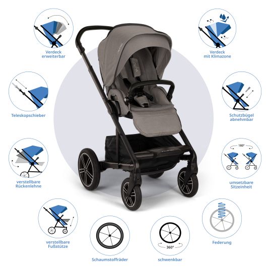 Nuna Passeggino e carrozzina MIXX next fino a 22 kg con cintura magnetica, sedile convertibile per tutte le stagioni, maniglione regolabile in altezza, paravento integrato con adattatore, copertura per le ginocchia e parapioggia - Granito