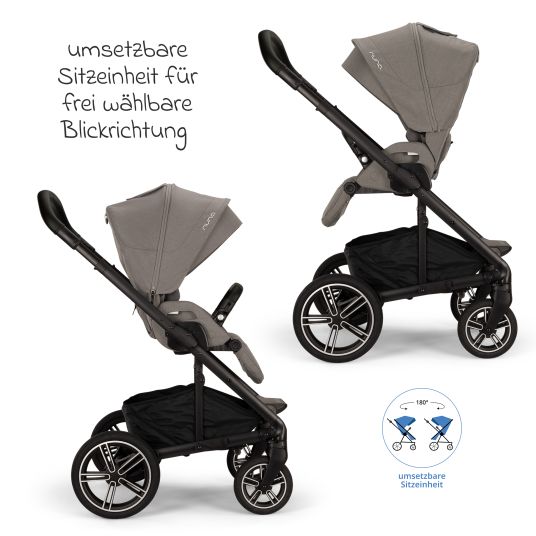 Nuna Passeggino e carrozzina MIXX next fino a 22 kg con cintura magnetica, sedile convertibile per tutte le stagioni, maniglione regolabile in altezza, paravento integrato con adattatore, copertura per le ginocchia e parapioggia - Granito