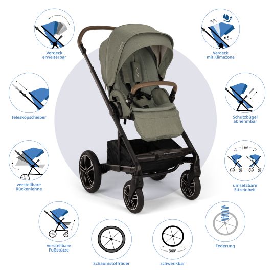 Nuna Buggy & pushchair MIXX next up to 22 kg with magnetic harness fastener, convertible all-weather seat, height-adjustable push bar, integrated privacy screen incl. adapter, knee cover & rain cover - Pine