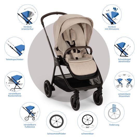 Nuna Buggy & pushchair TRIV next up to 22 kg with magnetic belt buckle, convertible all-weather seat, height-adjustable push bar - only 8.9 kg incl. adapter & rain cover - Biscotti