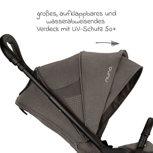 Nuna Buggy & Sportwagen TRIV next bis 22 kg mit magnetischem Gurtverschluss, umsetzbarem Allwettersitz, höhenverstellbarem Schieber - nur 8,9 kg schwer inkl. Adapter & Regenschutz - Granite