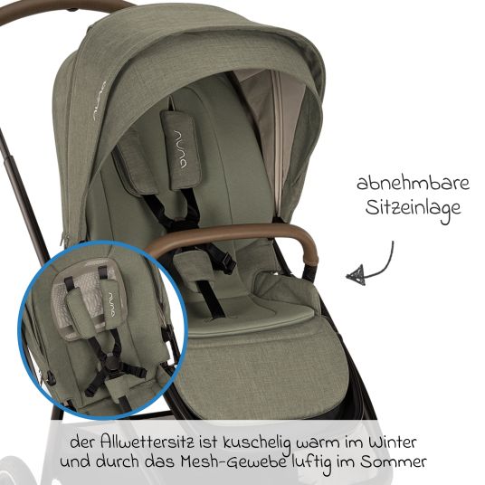 Nuna Passeggino e carrozzina TRIV next fino a 22 kg con chiusura magnetica, seggiolino convertibile per tutte le stagioni, maniglione regolabile in altezza - solo 8,9 kg incluso adattatore e parapioggia - Pino