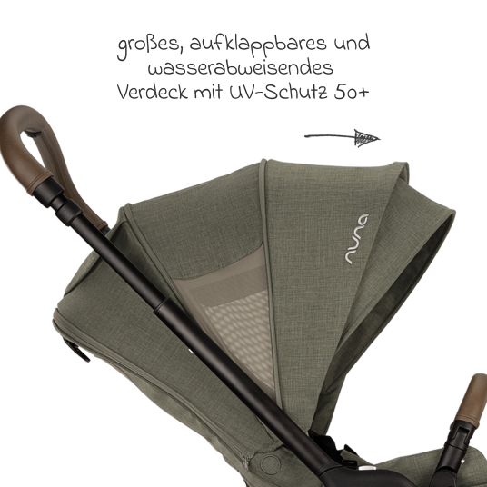 Nuna Buggy & Sportwagen TRIV next bis 22 kg mit magnetischem Gurtverschluss, umsetzbarem Allwettersitz, höhenverstellbarem Schieber - nur 8,9 kg schwer inkl. Adapter & Regenschutz - Pine