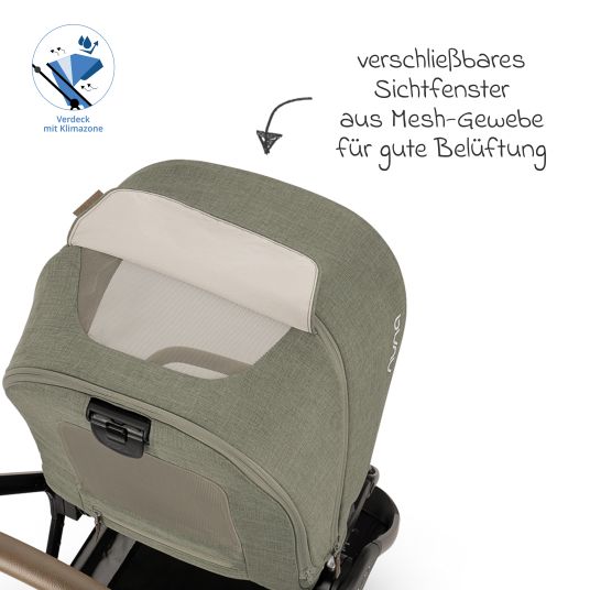 Nuna Buggy & Sportwagen TRIV next bis 22 kg mit magnetischem Gurtverschluss, umsetzbarem Allwettersitz, höhenverstellbarem Schieber - nur 8,9 kg schwer inkl. Adapter & Regenschutz - Pine