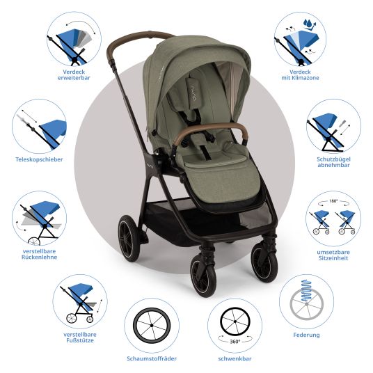 Nuna Passeggino e carrozzina TRIV next fino a 22 kg con chiusura magnetica, seggiolino convertibile per tutte le stagioni, maniglione regolabile in altezza - solo 8,9 kg incluso adattatore e parapioggia - Pino