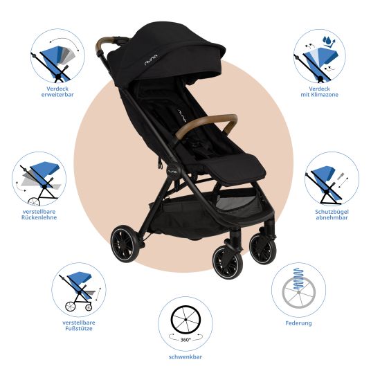 Nuna Buggy & Sportwagen TRVL Lx bis 22 kg mit magnetischem Gurtverschluss, automatischem Faltmechanismus inkl. Regenschutz & Transporttasche - Caviar