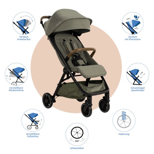 Nuna Buggy & Sportwagen TRVL Lx bis 22 kg mit magnetischem Gurtverschluss, automatischem Faltmechanismus inkl. Regenschutz & Transporttasche - Pine