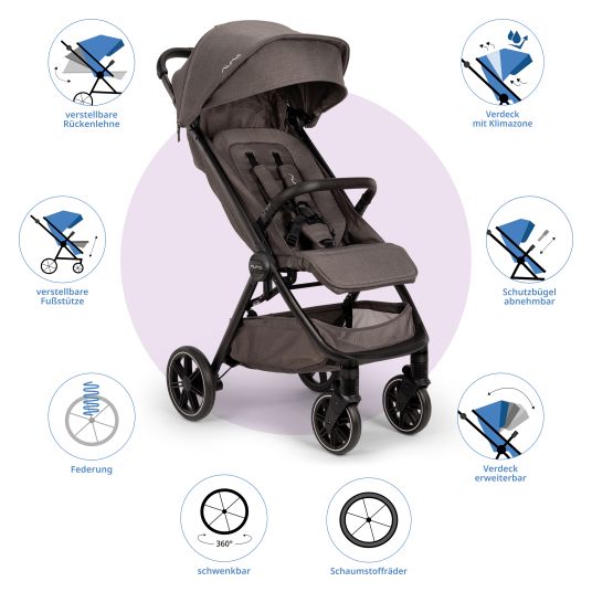 Nuna Passeggino e carrozzina TRVL Lx fino a 22 kg con cintura magnetica, meccanismo di ripiegamento automatico, incluso parapioggia e borsa per il trasporto - Thunder