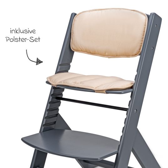 Osann Highchair Jill with safety bar, crotch strap and 3-point harness incl. cushion set cream - gray