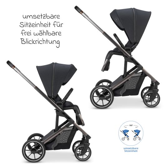 Osann Kombi-Kinderwagen Juntos bis 22 kg belastbar mit Teleskopschieber, umsetzbare Sitzeinheit, Babywanne mit Matratze & Regenschutz - Coal