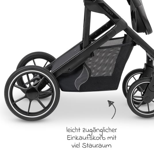 Osann Kombi-Kinderwagen Juntos bis 22 kg belastbar mit Teleskopschieber, umsetzbare Sitzeinheit, Babywanne mit Matratze & Regenschutz - Coal