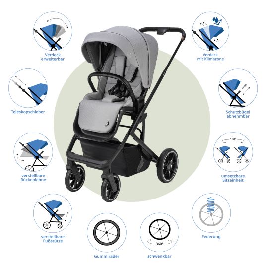 Osann Kombi-Kinderwagen Juntos bis 22 kg belastbar mit Teleskopschieber, umsetzbare Sitzeinheit, Babywanne mit Matratze & Regenschutz - Rock