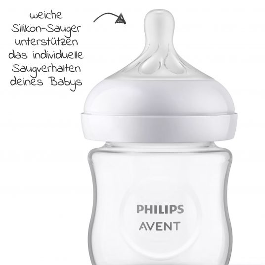 Philips Avent - 4-tlg. Starter-Set für Neugeborene - 3 Glas-Flaschen  Natural Response mit Silikon-Saugern + Schnuller Ultra Soft 0-6M