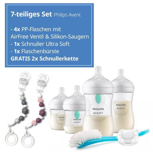 Philips Avent Set di avvio per neonati da 6 pezzi Natural Response AirFree + catena portaciuccio 2x GRATUITA / 4 biberon in PP + ciuccio + spazzola per biberon - Berry
