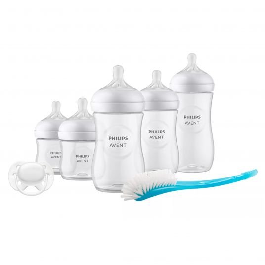 Philips Avent 7-tlg. Neugeborenen-Starter-Set Natural Response - 5 PP-Flaschen mit Silikon-Sauger + Schnuller Ultra Soft 0-6M + Flaschenbürste