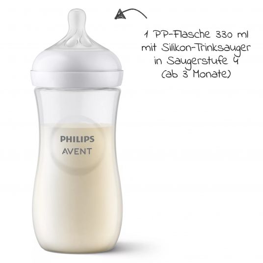 Philips Avent 7-tlg. Neugeborenen-Starter-Set Natural Response - 5 PP-Flaschen mit Silikon-Sauger + Schnuller Ultra Soft 0-6M + Flaschenbürste