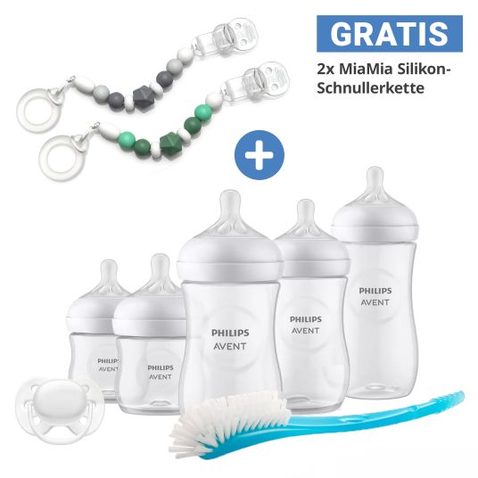 Philips Avent Set iniziale neonato Natural Response da 7 pezzi + catena portaciuccio 2x GRATUITA / 5 biberon in PP con tettarella in silicone + ciuccio Ultra Soft 0-6M + spazzola per biberon