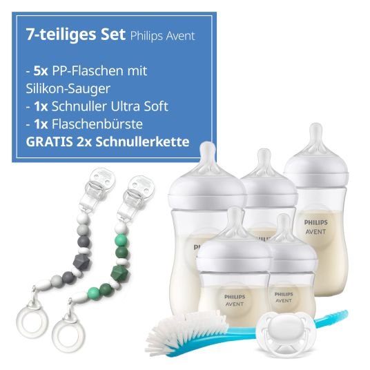 Philips Avent Set iniziale neonato Natural Response da 7 pezzi + catena portaciuccio 2x GRATUITA / 5 biberon in PP con tettarella in silicone + ciuccio Ultra Soft 0-6M + spazzola per biberon