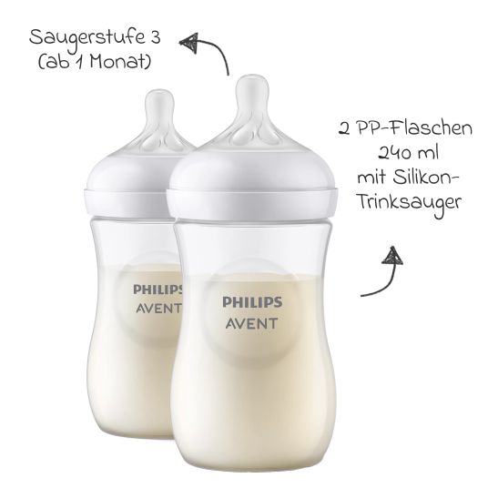 Philips Avent 7-tlg. Neugeborenen-Starter-Set Natural Response + GRATIS 2x Schnullerkette / 5 PP-Flaschen mit Silikon-Sauger + Schnuller Ultra Soft 0-6M + Flaschenbürste