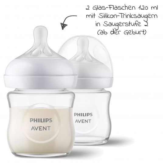 Philips Avent Glas-Flasche 4er Pack Natural Response 120ml & 240ml + Silikon-Sauger