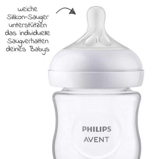 Philips Avent Glas-Flasche 4er Pack Natural Response 120ml & 240ml + Silikon-Sauger