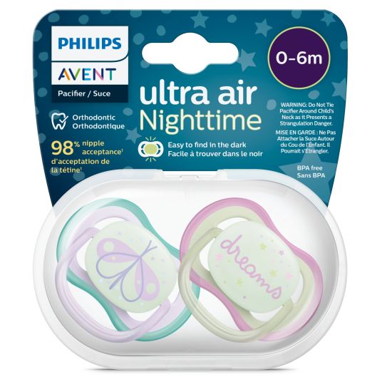 Philips Avent Succhietto fosforescente da 2 pezzi Ultra Air Nighttime 0-6 M - Farfalla/Sogni