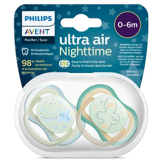 Philips Avent Succhietto fosforescente 2-pack Ultra Air Nighttime 0-6 M - stella cadente / gufo