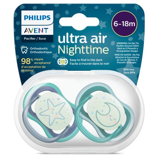 Philips Avent Succhietto fosforescente 2-pack Ultra Air Nighttime 6-18 M - Star / Moon