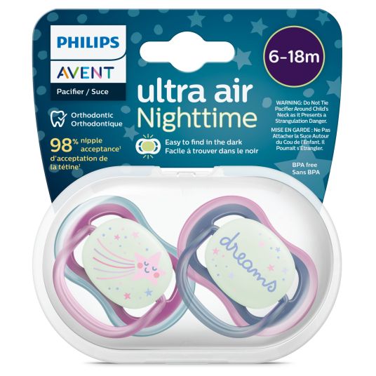 Philips Avent Succhietto fosforescente 2-pack Ultra Air Nighttime 6-18 M - Stella cadente/Sogni