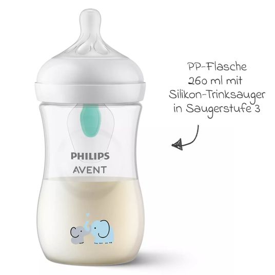 Philips Avent PP-Flasche Natural Response 260ml mit AirFree Ventil + Silikon-Sauger 1M+ - Elefanten