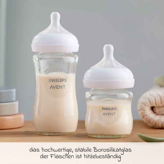 Philips Avent Premium Glas-Flaschen-Set Natural 11-tlg. - 6 Babyflaschen + Flaschenbürste + Milchpulverportionierer + 3 Spucktücher