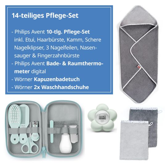 Philips Avent Set di cura premium 14 pezzi termometro da bagno + set sanitario + telo da bagno con cappuccio + 2 guanti da bagno