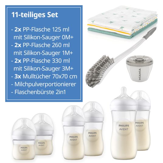 Philips Avent Set di biberon in PP Premium Naturale 11 pezzi - 6x biberon + spazzola per biberon + paletta per latte in polvere + 3x panni per il ruttino Menta