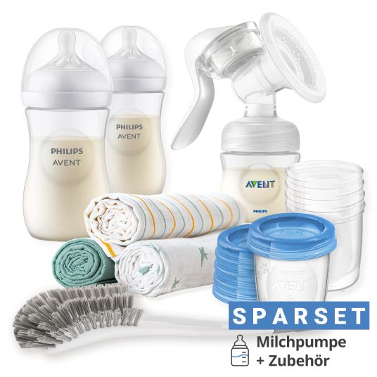 Philips Avent Premium Still-Set Basic 12-tlg. - Handmilchpumpe + 2 Babyflaschen + 5 Mehrwegbecher + 1 Flaschenbürste + 3 Spucktücher Mint