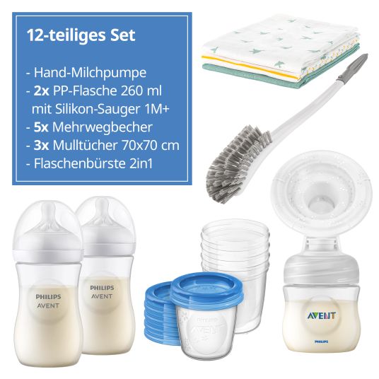 Philips Avent Set allattamento Premium Basic 12 pezzi - Tiralatte manuale + 2 biberon + 5 tazze riutilizzabili + 1 spazzola per biberon + 3 panni per il ruttino alla menta