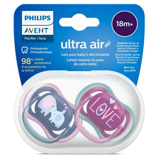 Philips Avent Pacifier 2-pack Ultra Air from 18 M - Elephants / Love