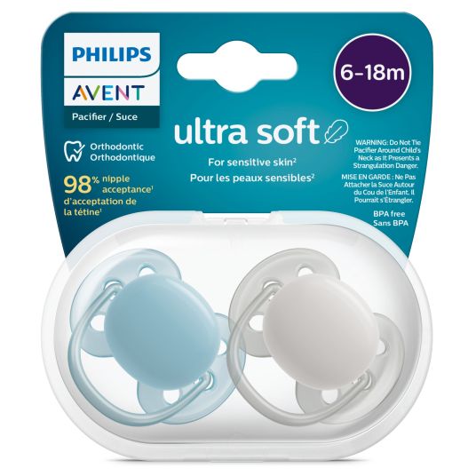 Philips Avent Pacifier 2-pack Ultra Soft 6-18 M - Blue / Gray