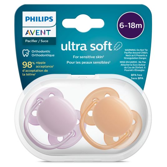 Philips Avent Pacifier 2-pack Ultra Soft 6-18 M - Orange / Purple