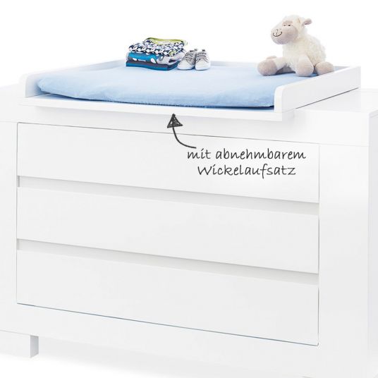 Pinolino Kinderzimmer Sky mit 3-türigem Schrank, Bett, extrabreiter Wickelkommode - Hochglanz - Weiß