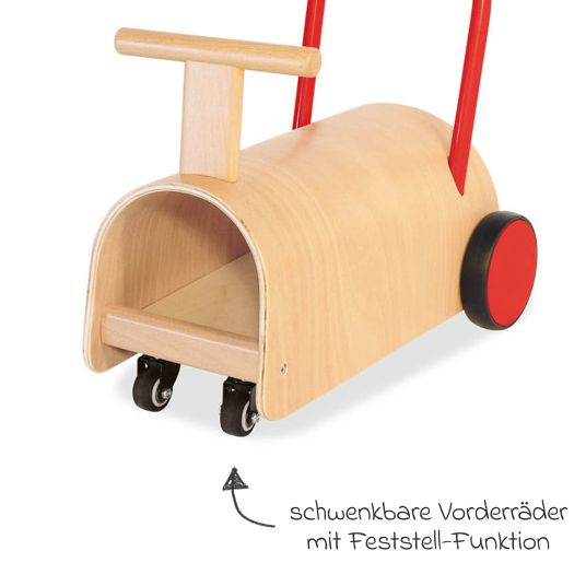 Pinolino Baby walker and pushchair Enzo from 12 months with rubberized wooden wheels & swivel castors - natural red